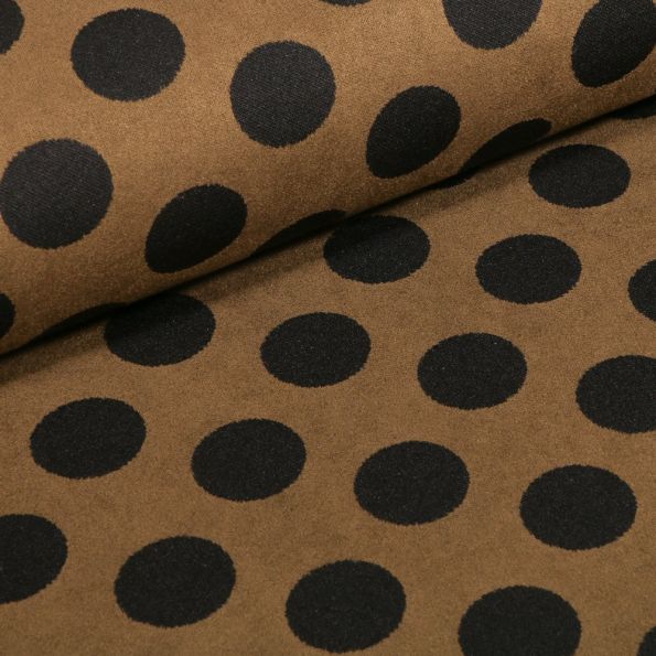 Tissu Suédine Jersey Pois noirs sur fond Vert kaki - Par 10 cm