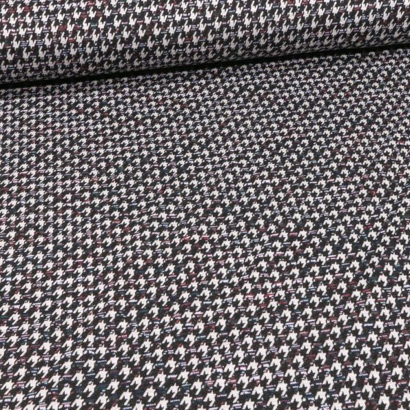 Tissu Maille jersey Pied de poule rose sur fond Noir - Par 10 cm