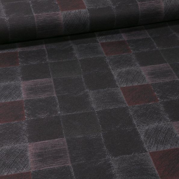 Tissu Jersey Milano Carreaux sur fond Bordeaux - Par 10 cm