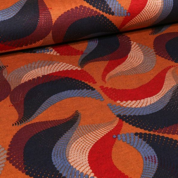 Tissu Jersey Milano  Motifs abstraits colorés sur fond Rouille - Par 10 cm