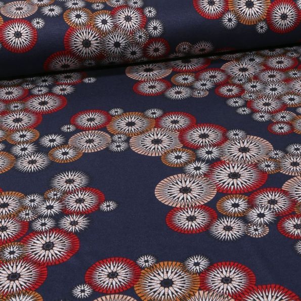 Tissu Jersey Milano Rosaces sur fond Bleu marine - Par 10 cm
