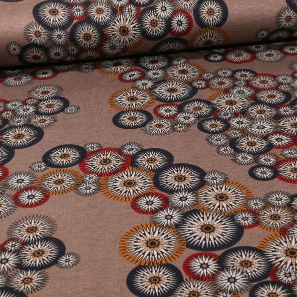 Tissu Jersey Milano Rosaces sur fond Taupe - Par 10 cm