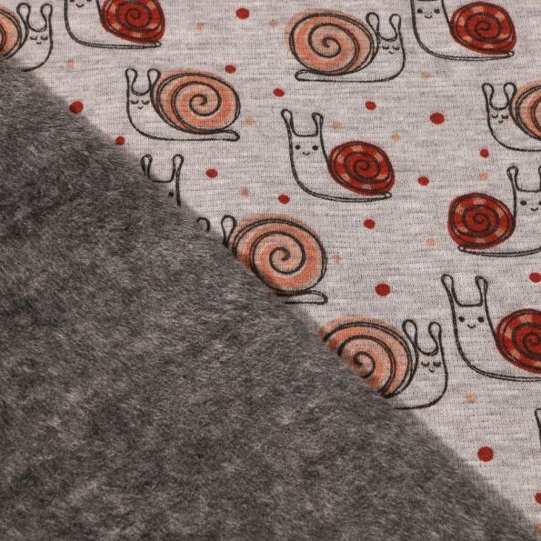 Tissu Sweat envers minky Escargot orange sur fond Gris clair chiné - Par 10 cm