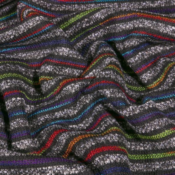 Tissu Maille épaisse Rayures colorées sur fond Gris chiné - Par 10 cm