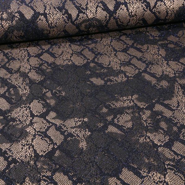 Tissu Jersey Pailleté reptile sur fond Bleu - Par 10 cm