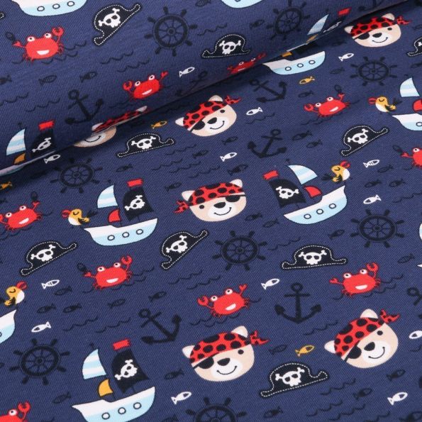 Tissu Jersey Coton Bateaux et oursons pirates sur fond Bleu marine - Par 10 cm