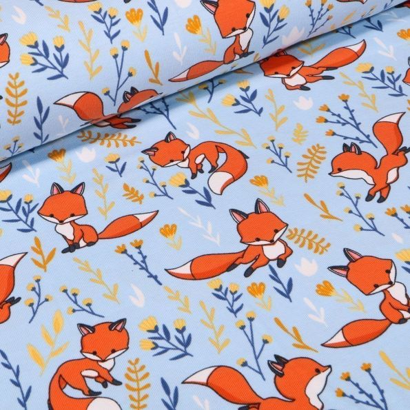 Tissu Jersey Coton Renards des prés sur fond Bleu ciel - Par 10 cm