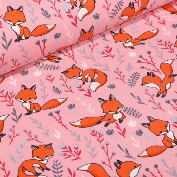 Tissu Jersey Coton Renards des prés sur fond Rose - Par 10 cm