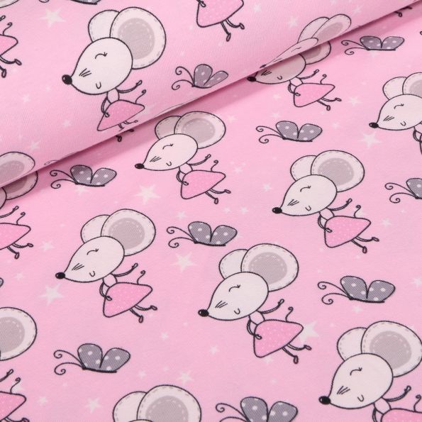 Tissu Jersey Coton Souris et papillons sur fond Rose - Par 10 cm