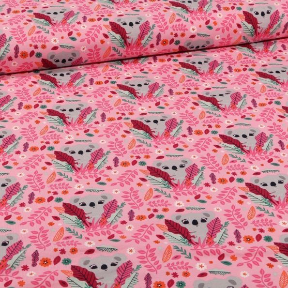 Tissu Jersey Coton Koala et plumes sur fond Rose - Par 10 cm