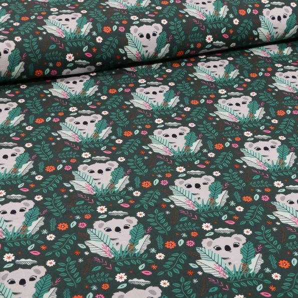 Tissu Jersey Coton Koala et plumes sur fond Vert foncé - Par 10 cm