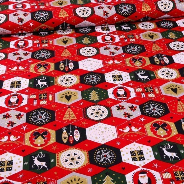 Tissu Coton imprimé Patchwork hexagone de noël sur fond Rouge - Par 10 cm