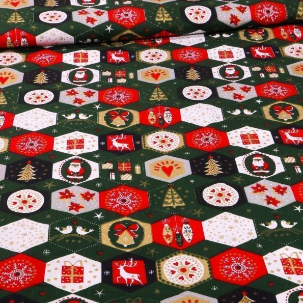 Tissu Coton imprimé Patchwork hexagone de noël sur fond Vert foncé - Par 10 cm