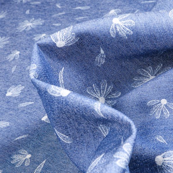Tissu Jean Denim extensible Marguerite sur fond Bleu - Par 10 cm