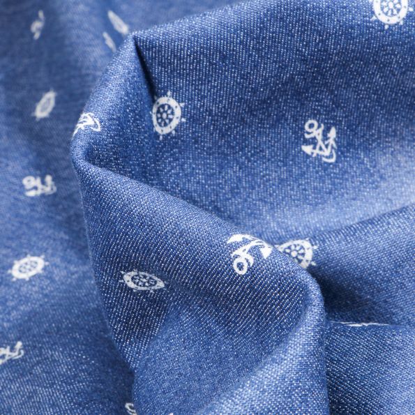 Tissu Jean Denim Ancres et moussaillons sur fond Bleu - Par 10 cm