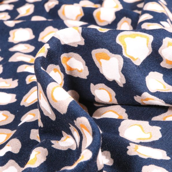 Tissu Jersey Viscose  Taches colorées sur fond Bleu marine - Par 10 cm