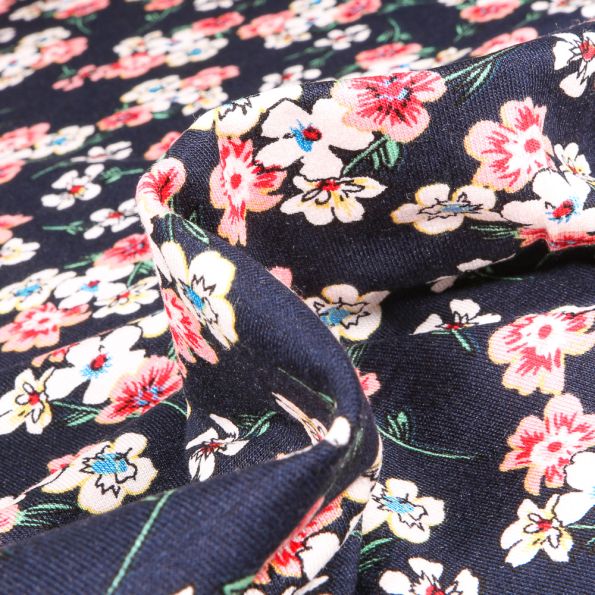 Tissu Jersey Viscose  Bouquets de fleurs colorés sur fond Bleu marine - Par 10 cm