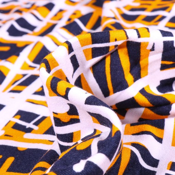 Tissu Jersey Viscose Quadrillage abstrait jaune sur fond Bleu marine - Par 10 cm