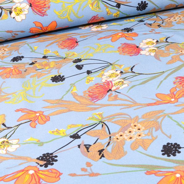 Tissu Bengaline Fleurs Protéa sur fond Bleu ciel - Par 10 cm