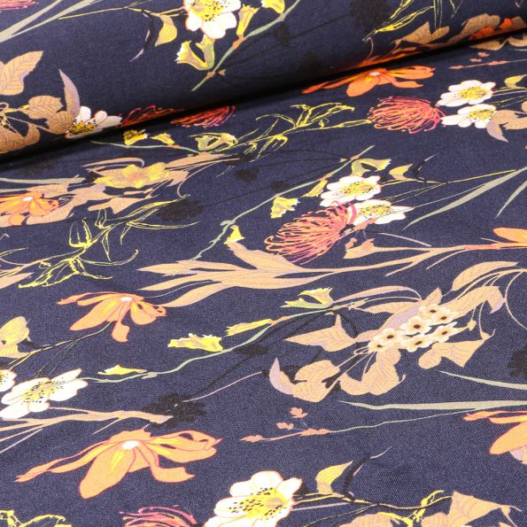 Tissu Bengaline Fleurs Protéa sur fond Bleu marine - Par 10 cm