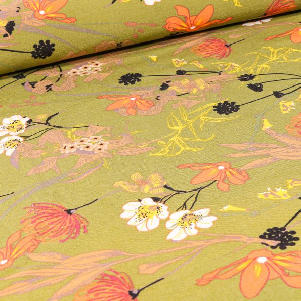 Tissu Bengaline Fleurs Protéa sur fond Vert - Par 10 cm