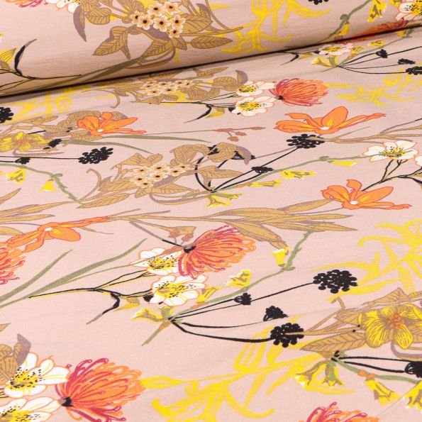 Tissu Bengaline Fleurs Protéa sur fond Beige - Par 10 cm