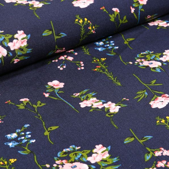 Tissu Viscose Popeline Pivoines sur fond Bleu marine - Par 10 cm