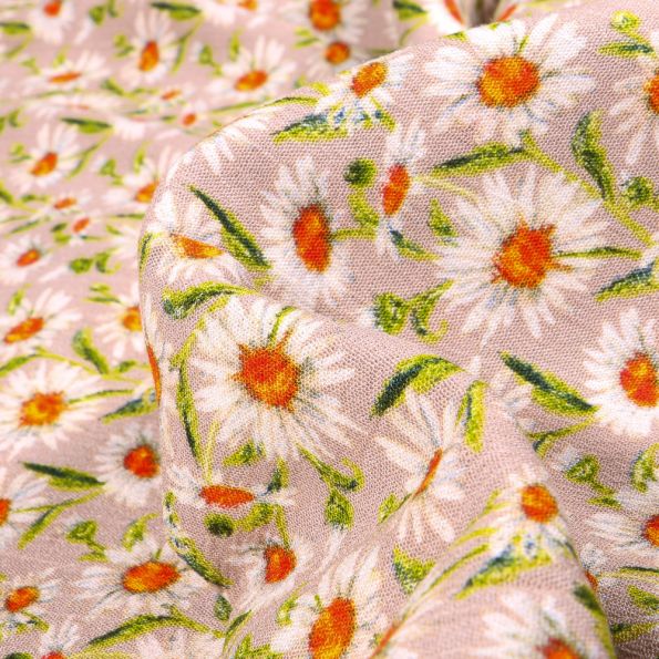 Tissu Viscose texturé Pâquerettes sur fond Beige sable - Par 10 cm