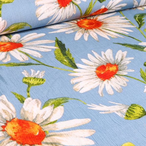 Tissu Crépon Viscose Marguerite XL sur fond Bleu ciel - Par 10 cm