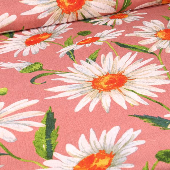 Tissu Crépon Viscose Marguerite XL sur fond Rose - Par 10 cm