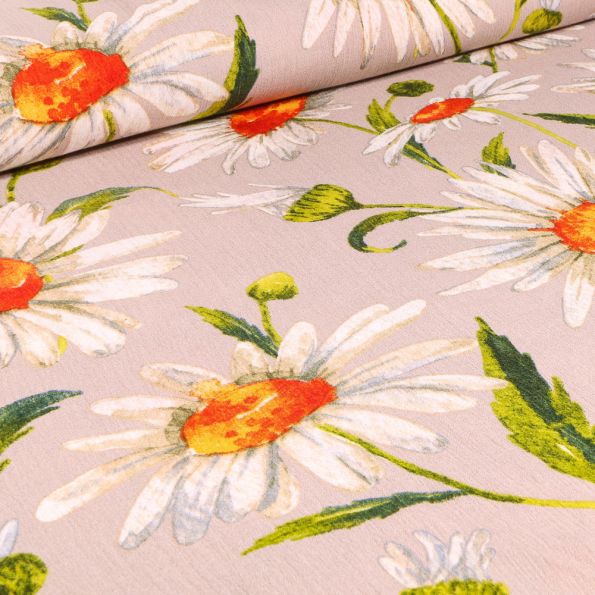 Tissu Crépon Viscose Marguerite XL sur fond Beige sable - Par 10 cm