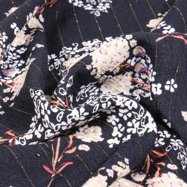 Tissu Crépon viscose lurex Isabella sur fond Bleu marine - Par 10 cm