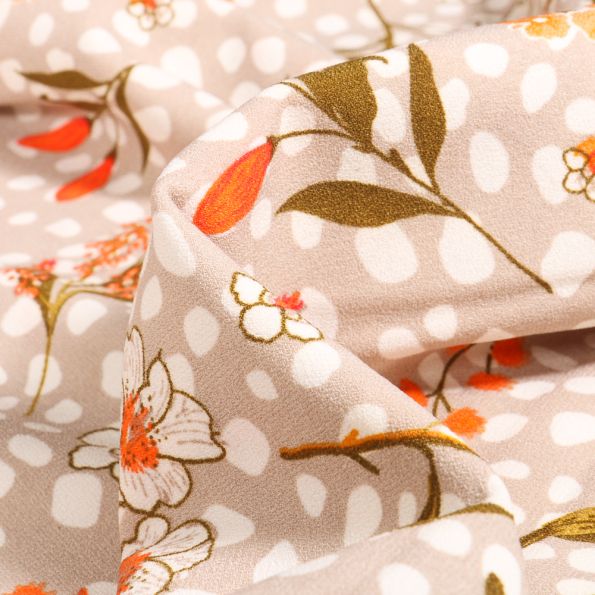 Tissu Crêpe Pois et fleurs sur fond Beige sable - Par 10 cm