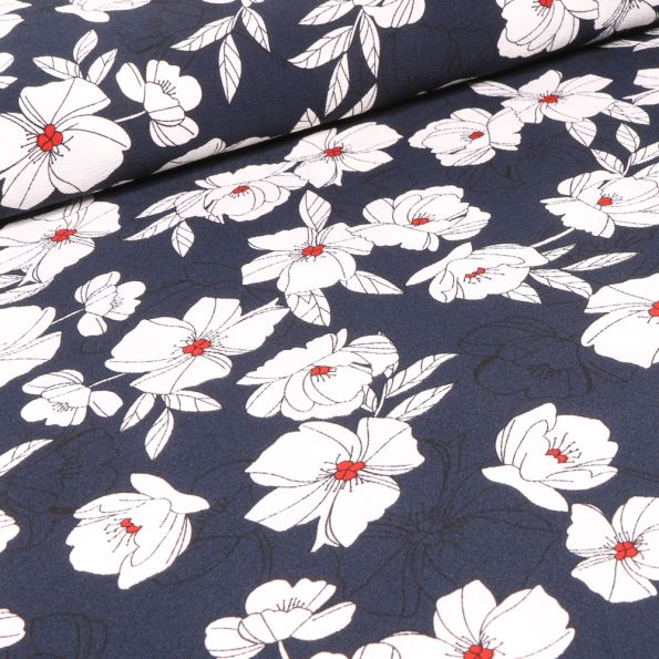 Tissu Crêpe stretch Flora sur fond Bleu marine - Par 10 cm