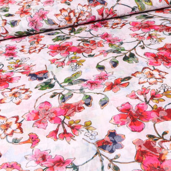 Tissu Voile Polycoton Fleuris sur fond Blanc - Par 10 cm