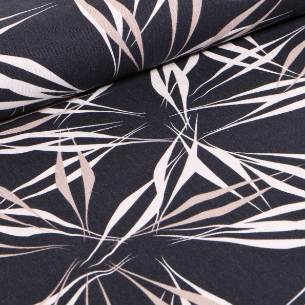 Tissu Viscose Lin Feuilles abstraites sur fond Bleu marine - Par 10 cm