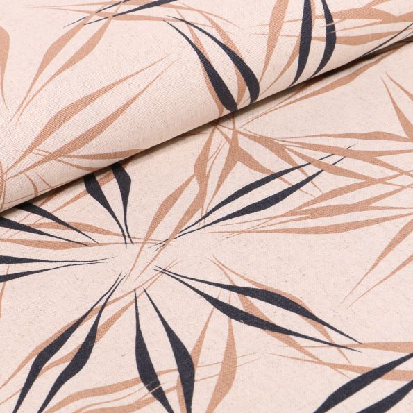 Tissu Viscose Lin Feuilles abstraites sur fond Beige - Par 10 cm