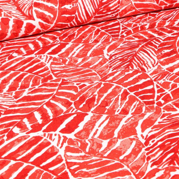 Tissu Viscose Lin Grandes feuilles effet aquarelle sur fond Rouge - Par 10 cm