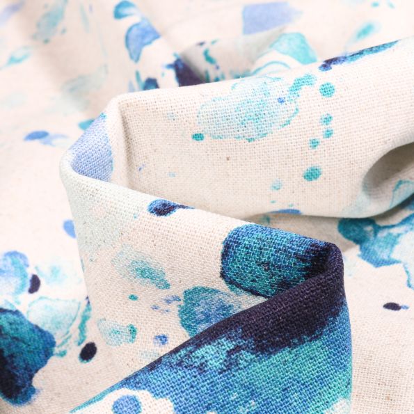 Tissu Viscose Lin Taches de peinture bleu sur fond Ecru - Par 10 cm