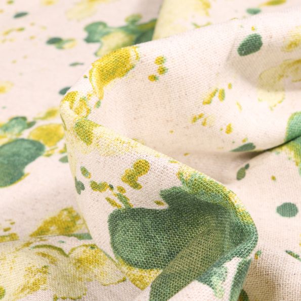 Tissu Viscose Lin Taches de peinture vertes sur fond Ecru - Par 10 cm