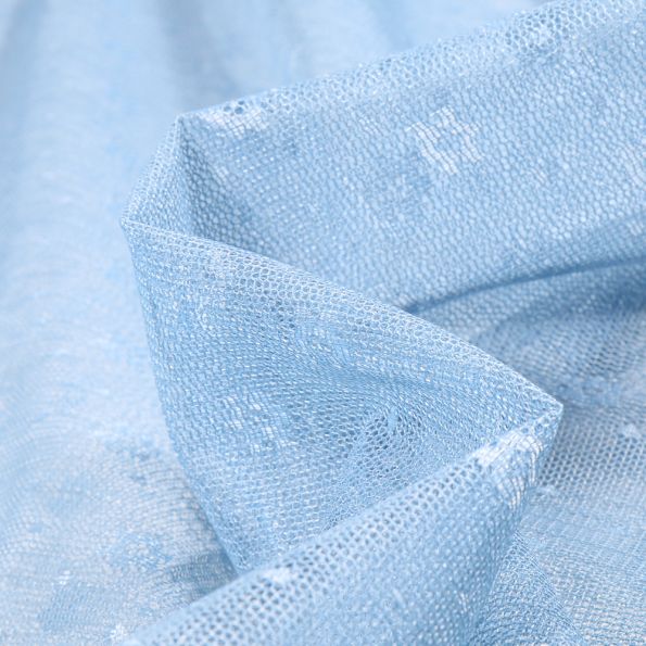 Tissu Tulle souple Fleurs sur fond Bleu ciel - Par 10 cm