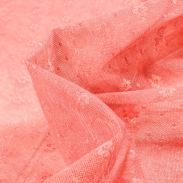Tissu Tulle souple Fleurs sur fond Corail - Par 10 cm
