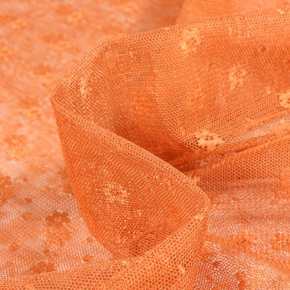 Tissu Tulle souple Fleurs sur fond Orange - Par 10 cm
