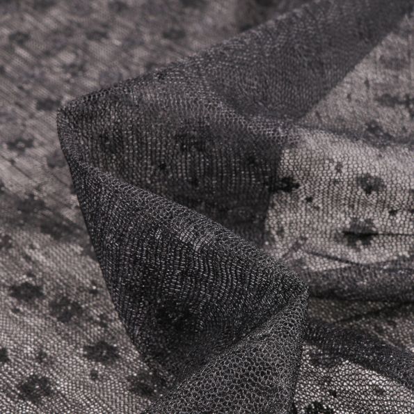 Tissu Tulle souple Fleurs sur fond Noir - Par 10 cm