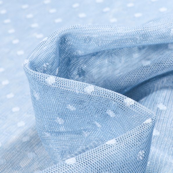Tissu Tulle souple pois 5 mm sur fond Bleu ciel - Par 10 cm