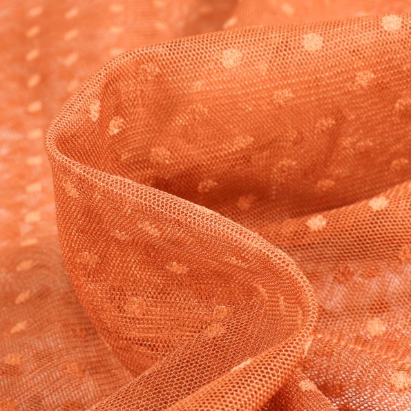 Tissu Tulle souple  pois 5 mm sur fond Orange - Par 10 cm
