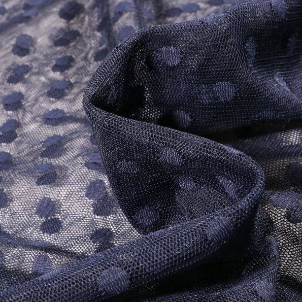 Tissu Tulle souple Pois 1 cm sur fond Bleu marine - Par 10 cm