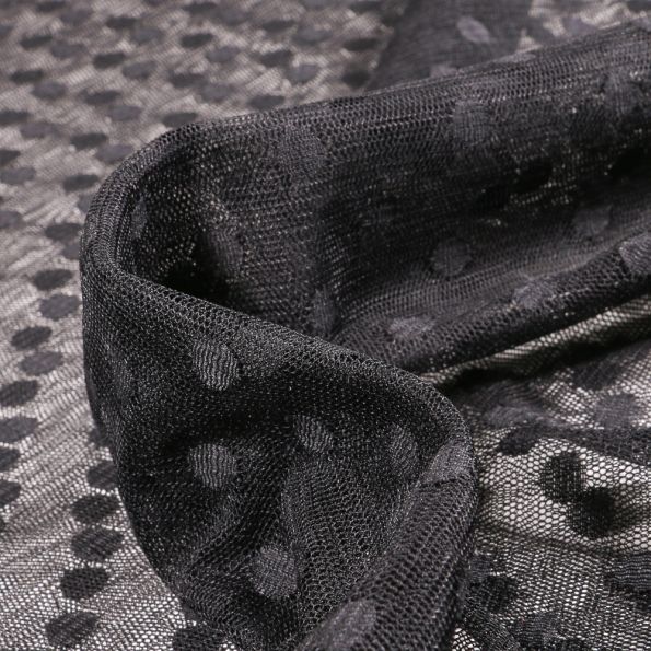 Tissu Tulle souple Pois 1 cm sur fond Noir - Par 10 cm