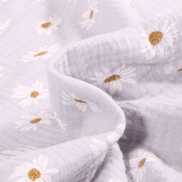 Tissu Double gaze Marguerite sur fond Gris clair - Par 10 cm