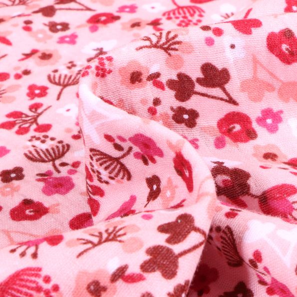 Tissu Double gaze imprimé Fleuris sur fond Rose - Par 10 cm